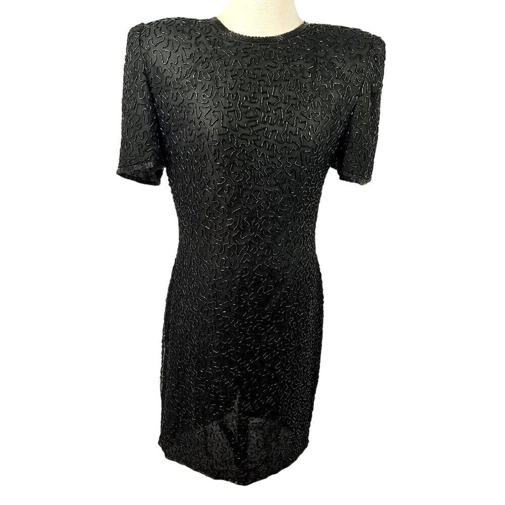 Vintage Laurence Kazar Black Beaded Silk Sheath Dress Sz 8 Short Sleeve 80s 90s